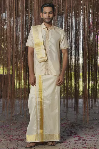 Beige plain silk kurta & dhoti with stole