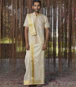 Beige plain silk kurta & dhoti with stole
