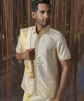 Beige plain silk kurta & dhoti with stole 2