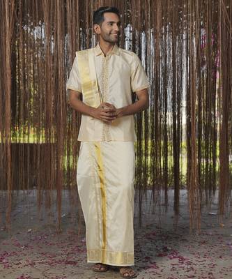 Beige plain silk kurta & dhoti with stole 5