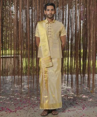 Gold plain silk kurta & dhoti with stole 1