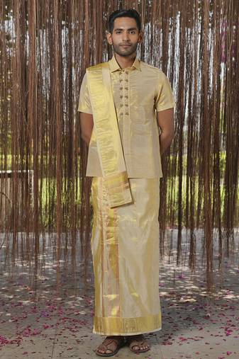 Gold plain silk kurta & dhoti with stole