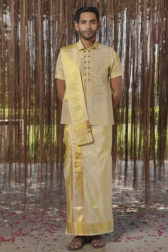 Gold plain silk kurta & dhoti with stole