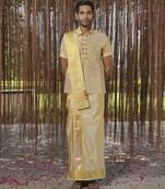 Gold plain silk kurta & dhoti with stole