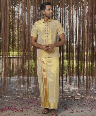 Gold plain silk kurta & dhoti with stole 2