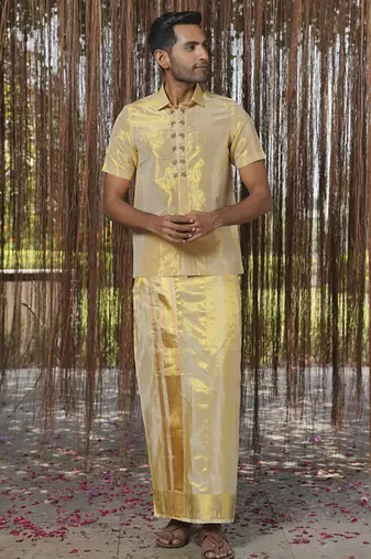 Gold plain silk kurta & dhoti with stole