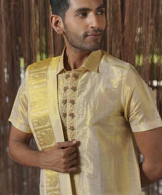 Gold plain silk kurta & dhoti with stole 3