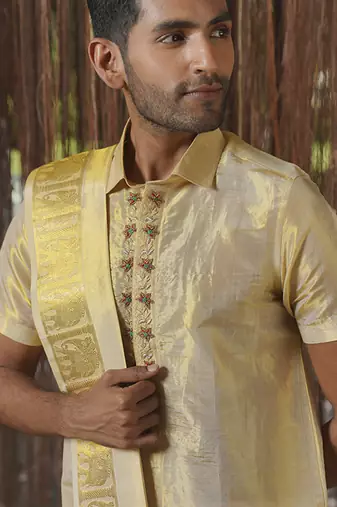 Gold plain silk kurta & dhoti with stole