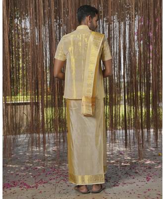 Gold plain silk kurta & dhoti with stole 4