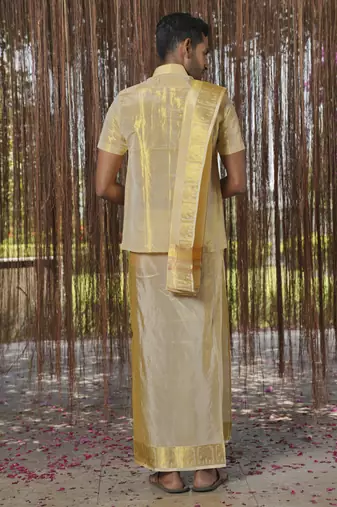 Gold plain silk kurta & dhoti with stole