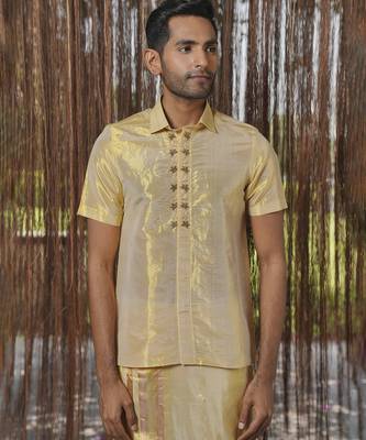 Gold plain silk kurta & dhoti with stole 5
