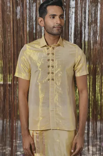 Gold plain silk kurta & dhoti with stole