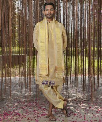 Gold plain silk kurta & dhoti with stole 1