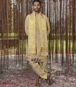 Gold plain silk kurta & dhoti with stole