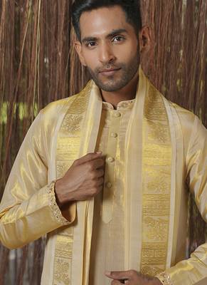 Gold plain silk kurta & dhoti with stole 2