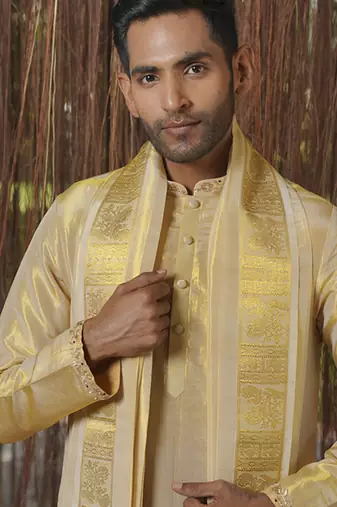 Gold plain silk kurta & dhoti with stole