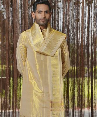 Gold plain silk kurta & dhoti with stole 3