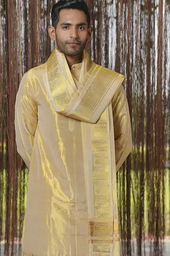 Gold plain silk kurta & dhoti with stole