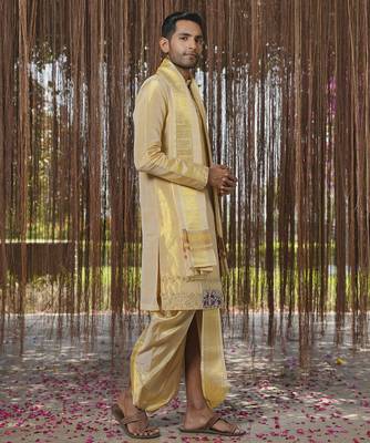 Gold plain silk kurta & dhoti with stole 4