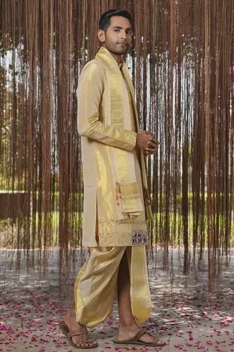 Gold plain silk kurta & dhoti with stole