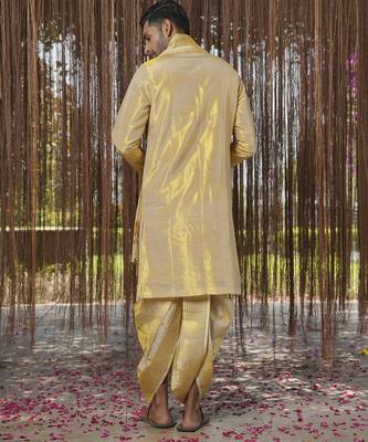 Gold plain silk kurta & dhoti with stole 5