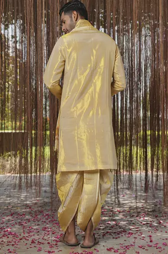 Gold plain silk kurta & dhoti with stole