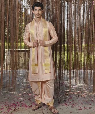 Pink plain silk kurta & dhoti with stole 1