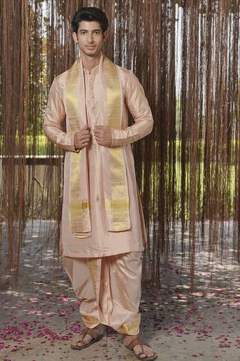 Pink plain silk kurta & dhoti with stole