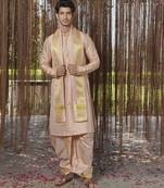 Pink plain silk kurta & dhoti with stole