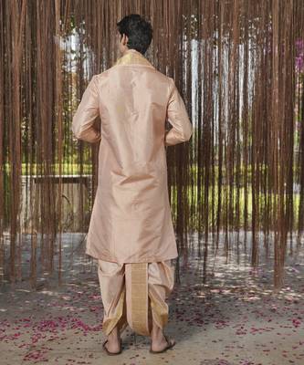 Pink plain silk kurta & dhoti with stole 3