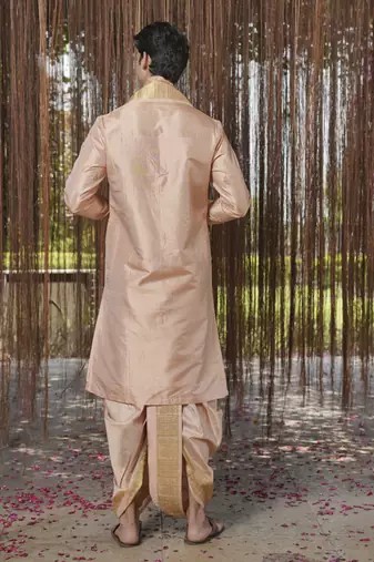 Pink plain silk kurta & dhoti with stole