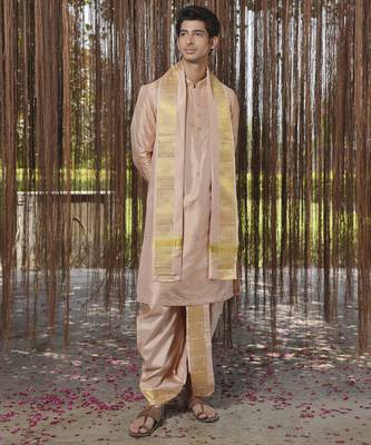 Pink plain silk kurta & dhoti with stole 4