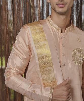 Pink plain silk kurta & dhoti with stole 5