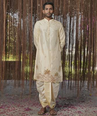 Beige embroidered silk kurta & dhoti with stole 1