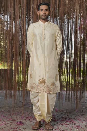 Beige embroidered silk kurta & dhoti with stole
