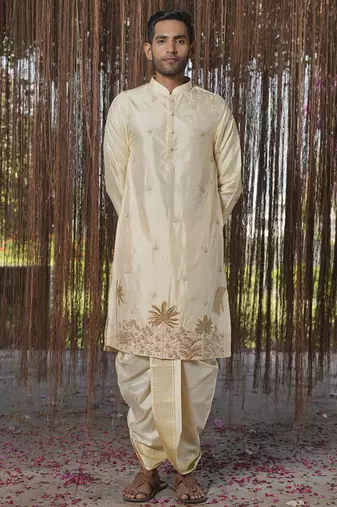 Beige embroidered silk kurta & dhoti with stole