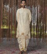Beige embroidered silk kurta & dhoti with stole