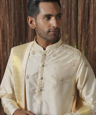 Beige embroidered silk kurta & dhoti with stole 2