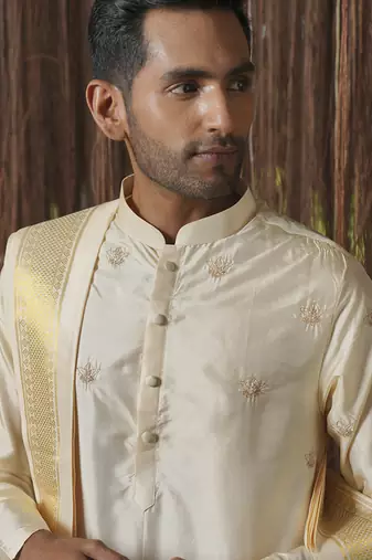 Beige embroidered silk kurta & dhoti with stole