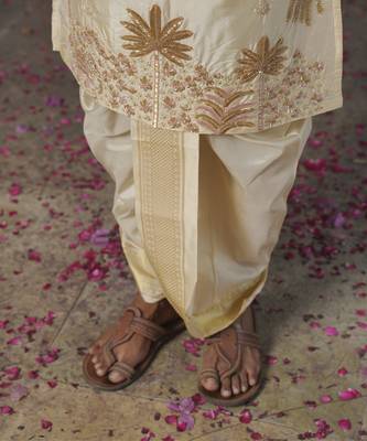 Beige embroidered silk kurta & dhoti with stole 3