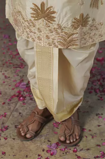 Beige embroidered silk kurta & dhoti with stole