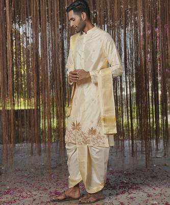 Beige embroidered silk kurta & dhoti with stole 4