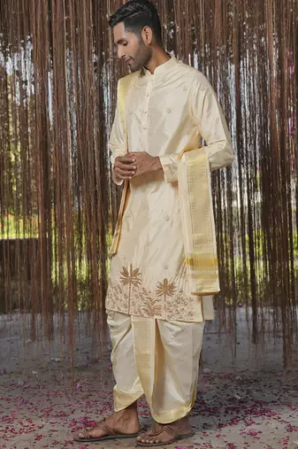 Beige embroidered silk kurta & dhoti with stole