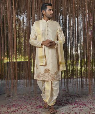 Beige embroidered silk kurta & dhoti with stole 5