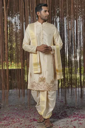 Beige embroidered silk kurta & dhoti with stole