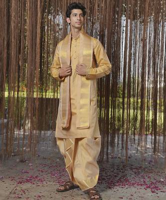Gold plain silk kurta & dhoti with stole 1