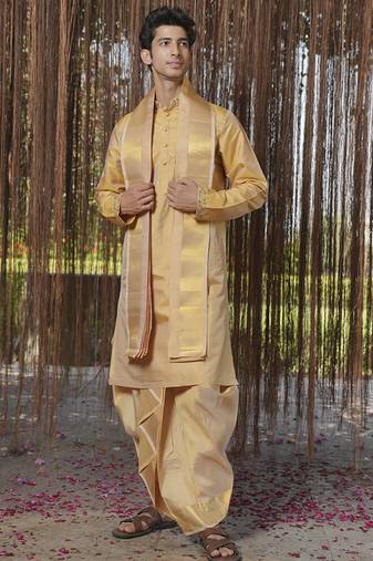 Gold plain silk kurta & dhoti with stole