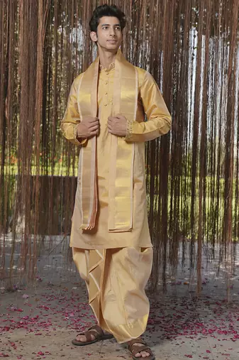Gold plain silk kurta & dhoti with stole