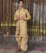 Gold plain silk kurta & dhoti with stole