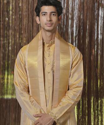 Gold plain silk kurta & dhoti with stole 2